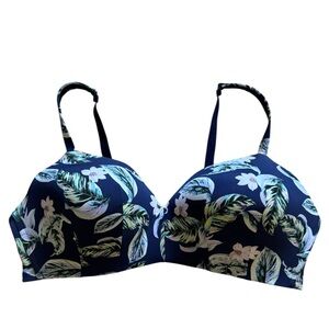 Cacique 46D navy floral lightly lined T-shirt no wire bra #1087777